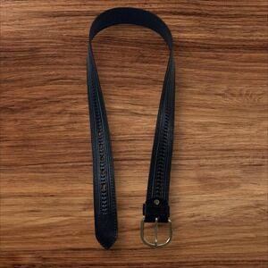 Vero Cuoio Italy Black‎ Leather Belt Embossed Design Mens 44/110 Gold Buckle